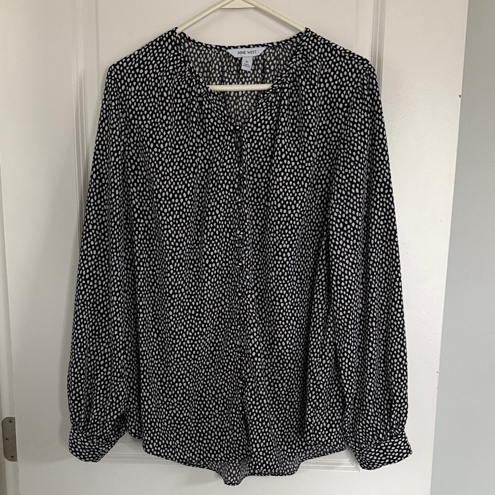 Nine West Black and White Printed Long-Sleeve Blouse